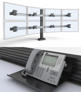 Phone and monitor arm mount accessories for control room desk furniture