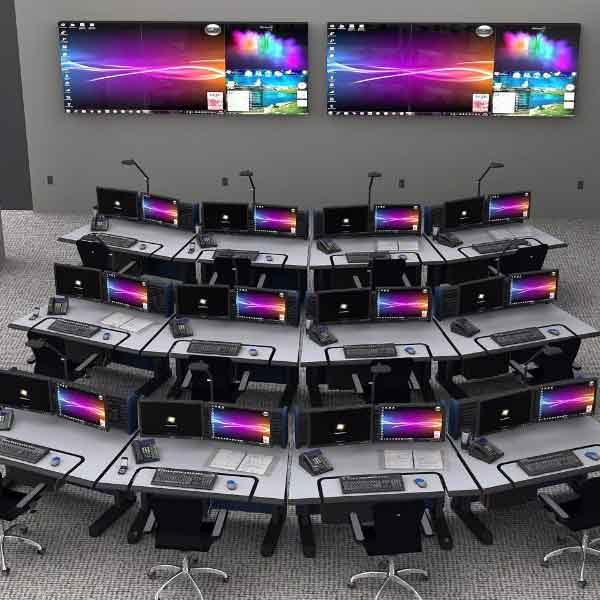 Adjustable control room console furniture with desk, chairs, monitors and video wall in control room
