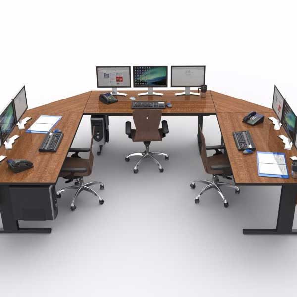 U Shaped control room console furniture with chairs and monitors