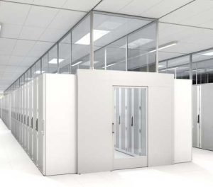 An aisle containment rendering using the new deluxe sliding door