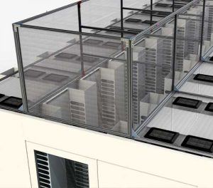 Fixed vertical aisle containment panels above server racks