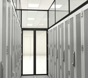 An interior rendering of server racks using a self supported aisle containment system