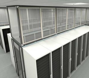 Sliding vertical aisle containment panels above server racks in a data center