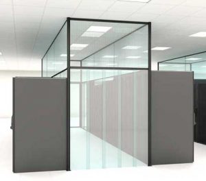 A hot cold aisle containment rendering showing the effective strip aisle containment doors in a data center