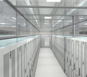 Data Center server row rendering with thermal drop aisle containment panels