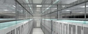 Data Center with aisle containment panels, sliding doors and server racks