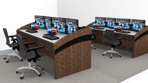 Rendering of dark wood console furniture desk with monitors