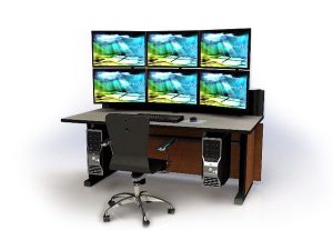 wood tone console furniture with monitors and chair