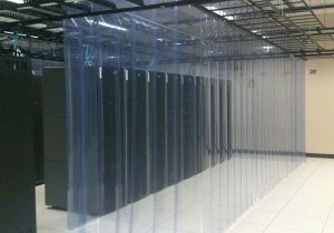 strip wall curtains creating full containment area in data center, around computer servers